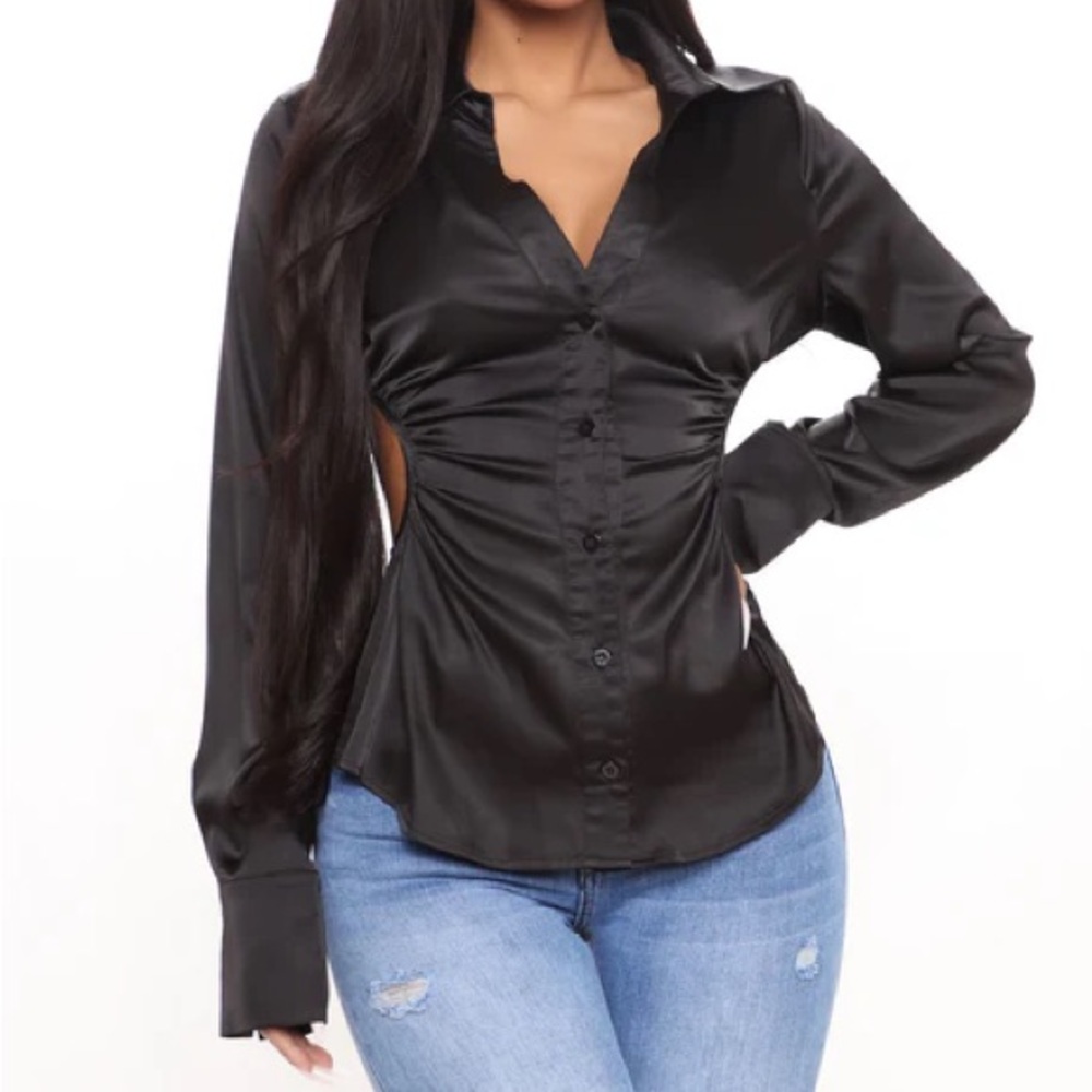 Fashion Nova She’s A CEO Satin Top- Black Button Up Cut-Out Blouse